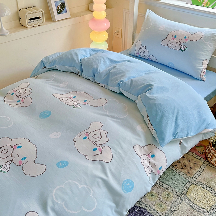 91家纺网 家纺一手货源 找家纺 海岛哥哥 2025新款A类云朵水洗棉三丽鸥正版授权四件套-学生床 三丽鸥-软萌玉桂狗蓝