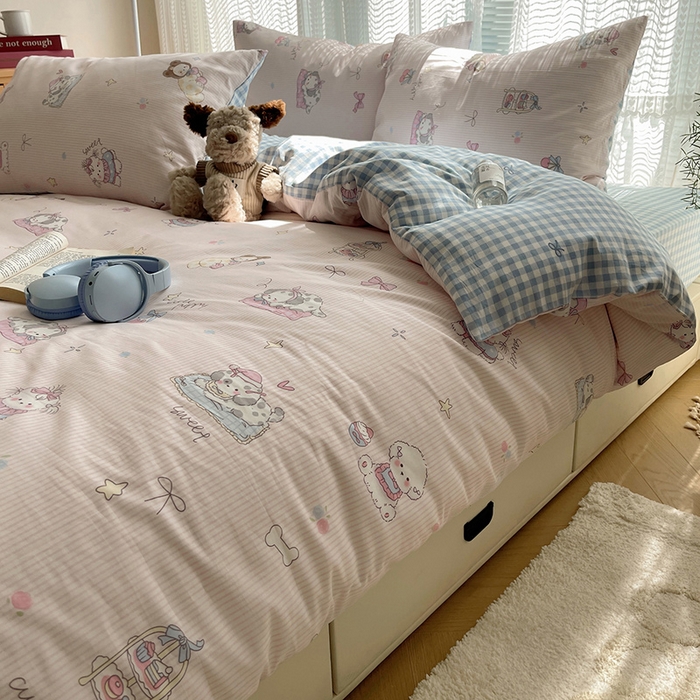 91家纺网 家纺一手货源 找家纺 瑞莱 2025新款开学季全棉纯棉萌趣印花四件套 甜品小狗