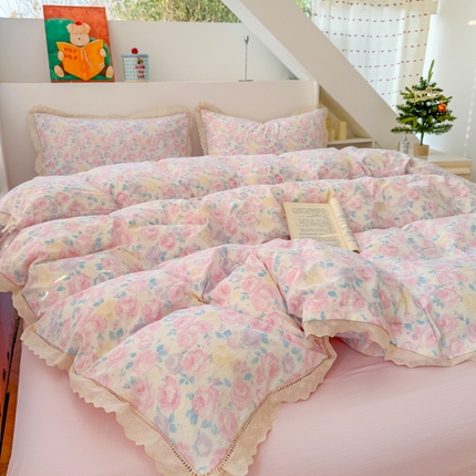 91家纺网 家纺一手货源 找家纺 （总）艾特你 2025新款云感双层纱镂空花边四件套学生宿舍三件套木棉1