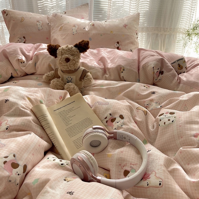 91家纺网 家纺一手货源 找家纺 瑞莱 2025新款开学季全棉纯棉萌趣印花四件套 蕾丝小狗