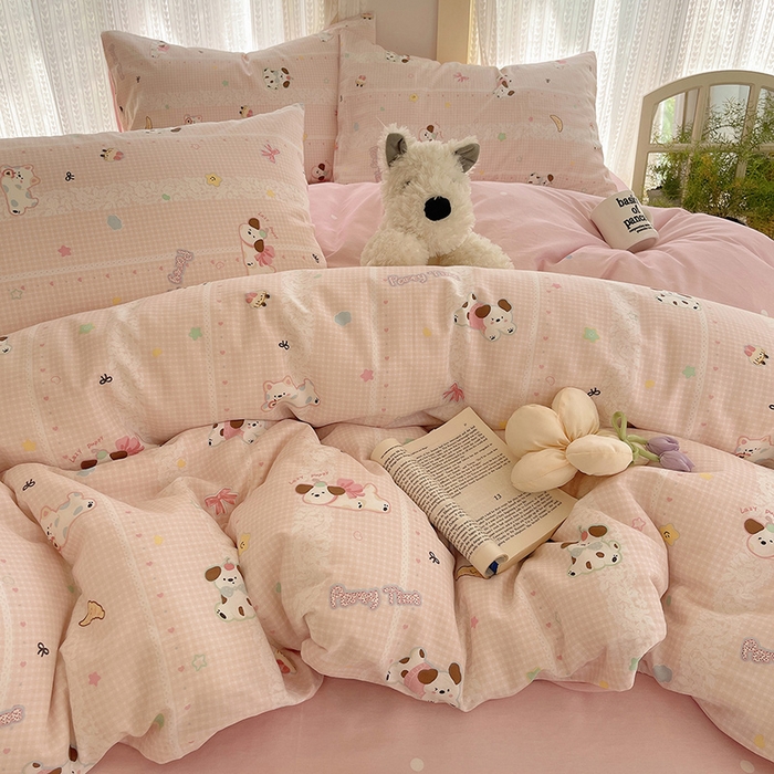 91家纺网 家纺一手货源 找家纺 瑞莱 2025新款开学季全棉纯棉萌趣印花四件套 蕾丝小狗