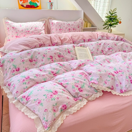 艾特你 2025新款云感双层纱镂空花边四件套 花边款-蔷薇