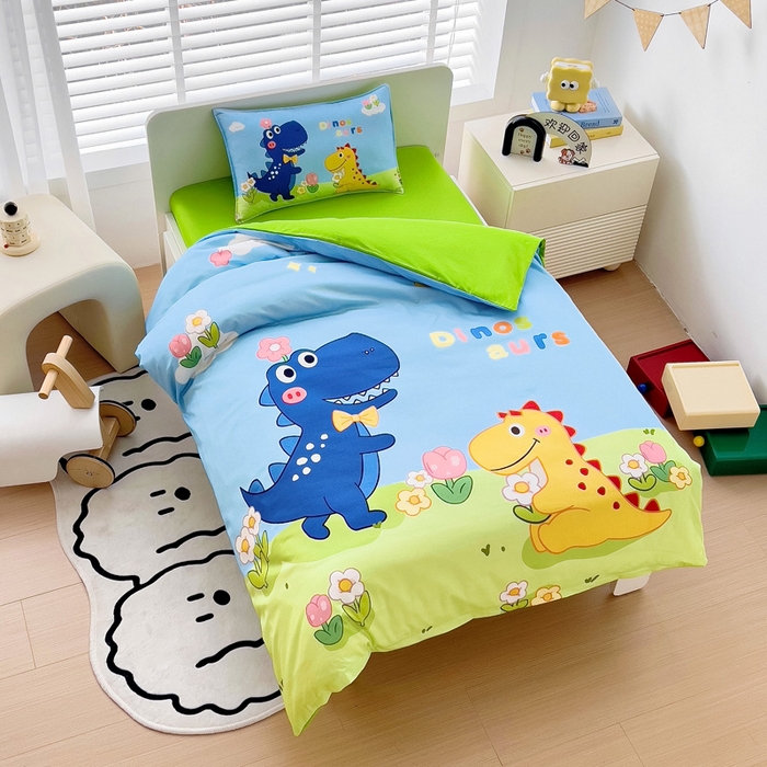 91家纺网 家纺一手货源 找家纺  2025新品全棉大版幼儿园三件套儿童被褥六件套宝宝午睡入园婴儿床床上用品 恐龙花园