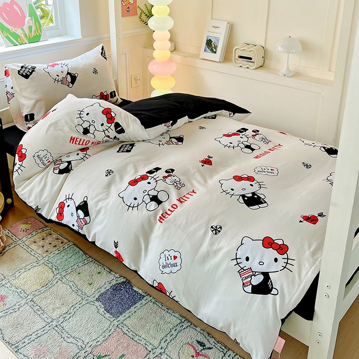 91家纺网 家纺一手货源 找家纺 海岛哥哥 2025新款A类云朵水洗棉三丽鸥正版授权四件套-学生床 三丽鸥-KT与小熊