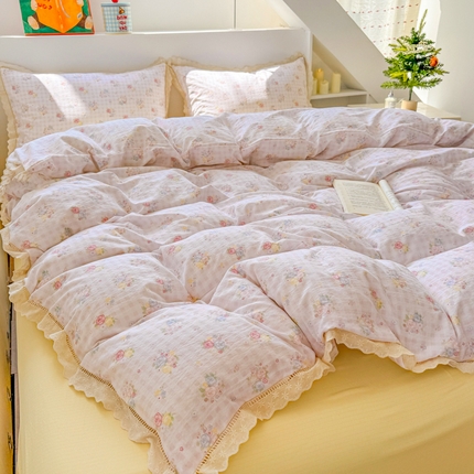 91家纺网 家纺一手货源 找家纺 （总）艾特你 2025新款云感双层纱镂空花边四件套学生宿舍三件套木棉1