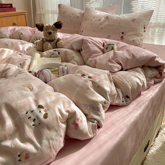 91家纺网 家纺一手货源 找家纺 瑞莱 2025新款开学季全棉纯棉萌趣印花四件套 蕾丝小狗