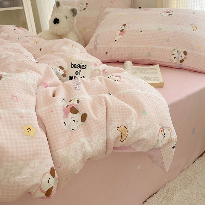 91家纺网 家纺一手货源 找家纺 瑞莱 2025新款开学季全棉纯棉萌趣印花四件套 蕾丝小狗