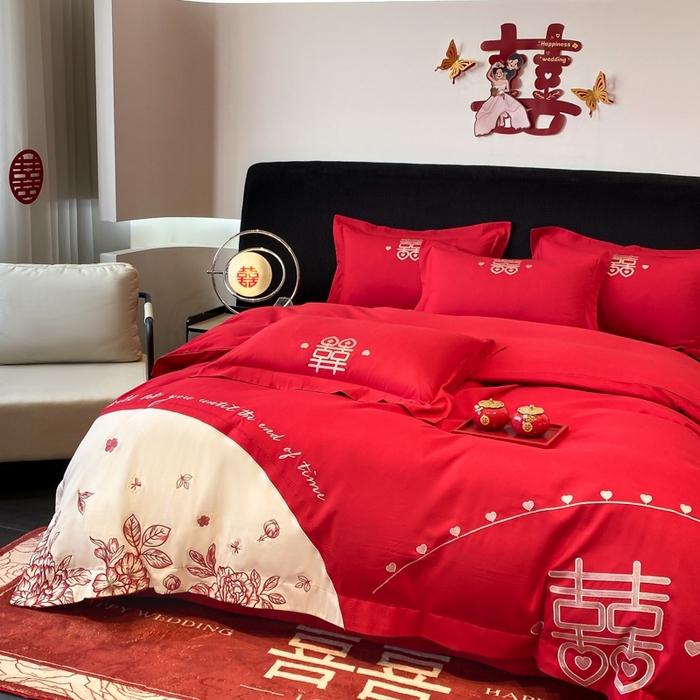 91家纺网 家纺一手货源 找家纺 青柚 2025新款高端婚庆刺绣四件套（标准不低于158加大不低于168以此类推，低价必投不撤销） 余生欢喜