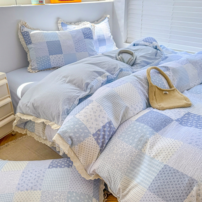 91家纺网 家纺一手货源 找家纺 艾特你 2025新款云感双层纱镂空花边四件套 花边款-半亩花园