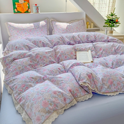 91家纺网 家纺一手货源 找家纺 （总）艾特你 2025新款云感双层纱镂空花边四件套学生宿舍三件套木棉1