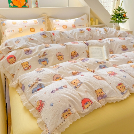 91家纺网 家纺一手货源 找家纺 （总）艾特你 2025新款云感双层纱镂空花边四件套学生宿舍三件套木棉1