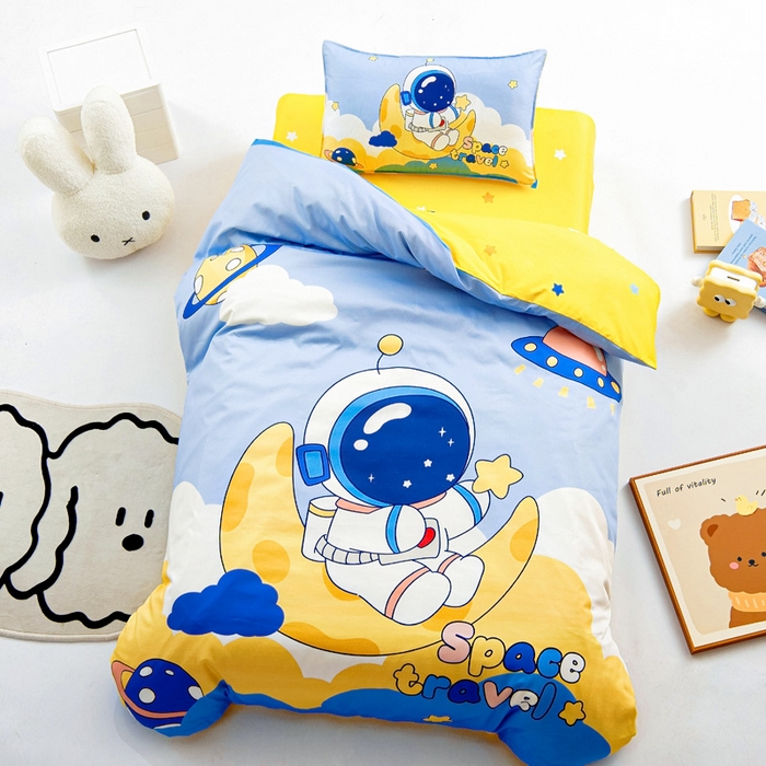 91家纺网 家纺一手货源 找家纺 2025新品全棉大版幼儿园三件套儿童被褥六件套宝宝午睡入园婴儿床床上用品 遨游宇宙