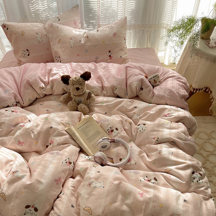 91家纺网 家纺一手货源 找家纺 瑞莱 2025新款开学季全棉纯棉萌趣印花四件套 蕾丝小狗