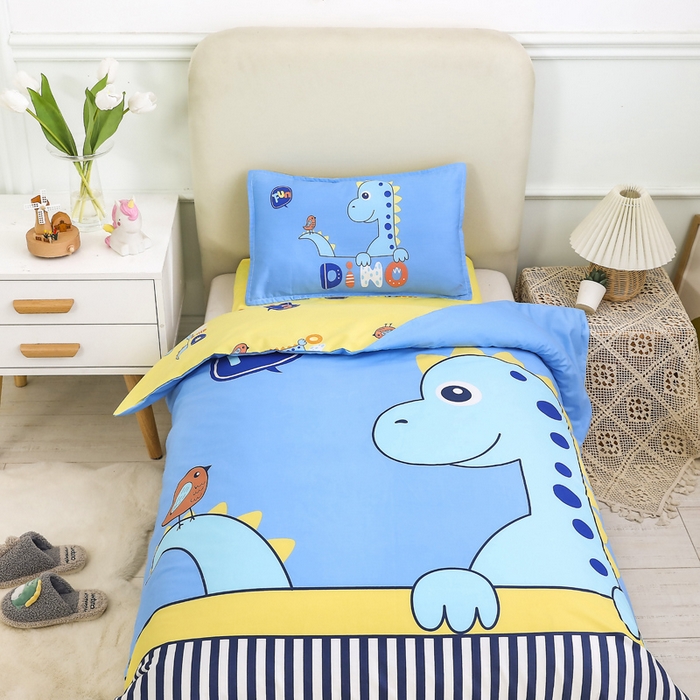 91家纺网 家纺一手货源 找家纺 2025新品全棉大版幼儿园三件套儿童被褥六件套宝宝午睡入园婴儿床床上用品 跳跳龙