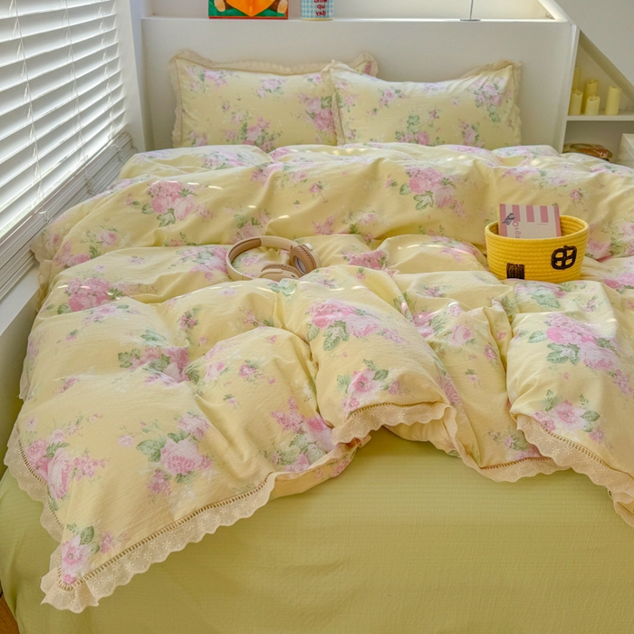 91家纺网 家纺一手货源 找家纺 艾特你 2025新款云感双层纱镂空花边四件套 花边款-安娜花园