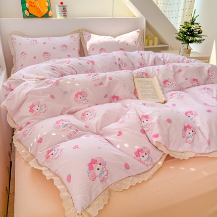 91家纺网 家纺一手货源 找家纺 （总）艾特你 2025新款云感双层纱镂空花边四件套学生宿舍三件套木棉1