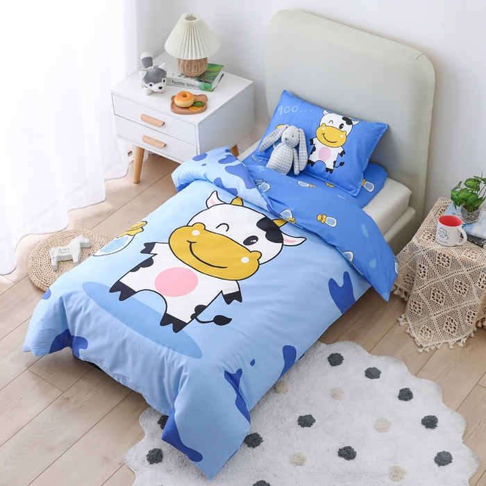 91家纺网 家纺一手货源 找家纺  2025新品全棉大版幼儿园三件套儿童被褥六件套宝宝午睡入园婴儿床床上用品 快乐牛牛