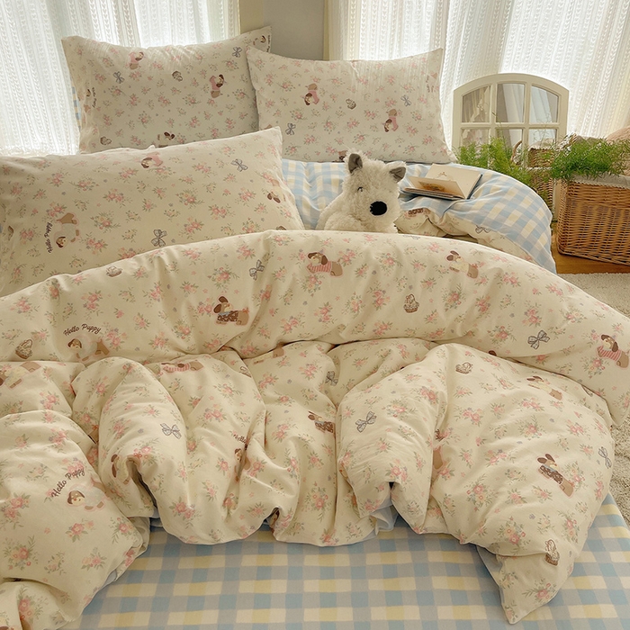 91家纺网 家纺一手货源 找家纺 瑞莱 2025新款开学季全棉纯棉萌趣印花四件套 花田小狗