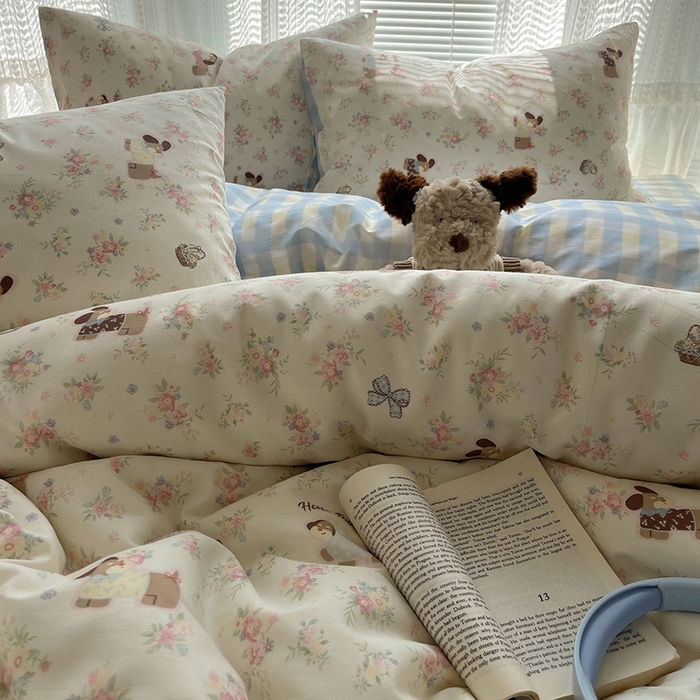 91家纺网 家纺一手货源 找家纺 瑞莱 2025新款开学季全棉纯棉萌趣印花四件套 花田小狗