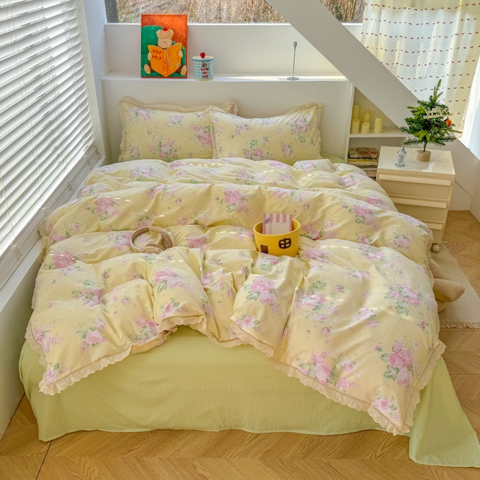 91家纺网 家纺一手货源 找家纺 艾特你 2025新款云感双层纱镂空花边四件套 花边款-安娜花园