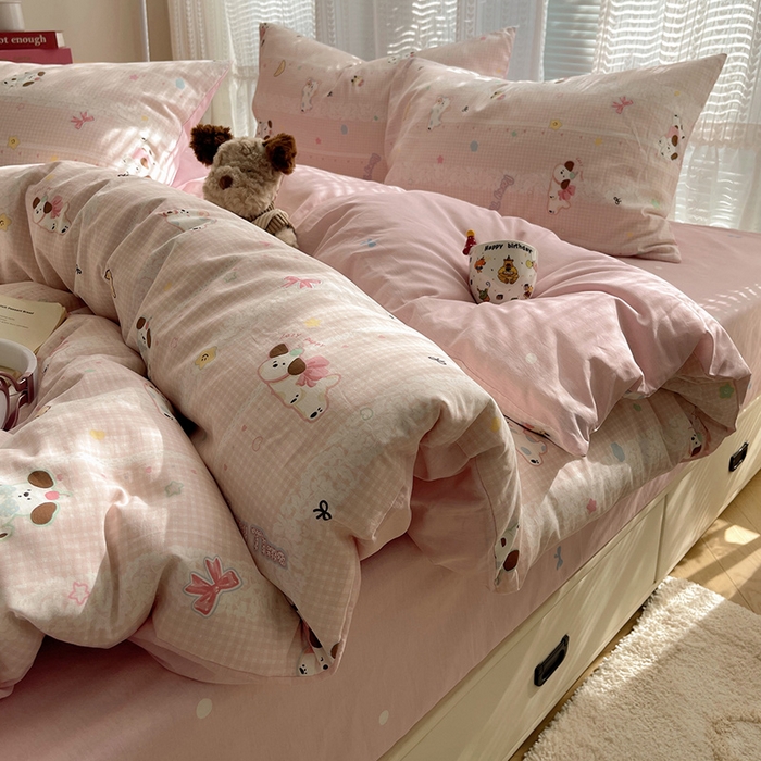 91家纺网 家纺一手货源 找家纺 瑞莱 2025新款开学季全棉纯棉萌趣印花四件套 蕾丝小狗