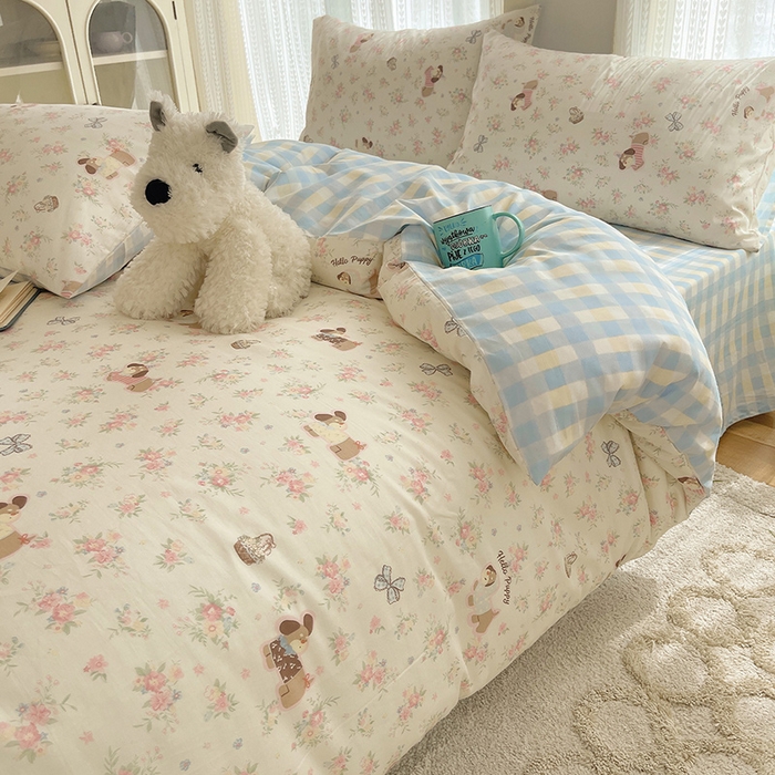 91家纺网 家纺一手货源 找家纺 瑞莱 2025新款开学季全棉纯棉萌趣印花四件套 花田小狗