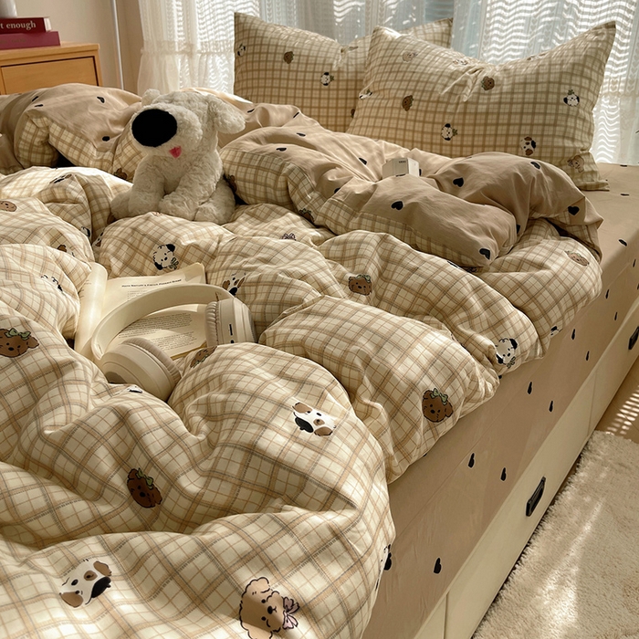 91家纺网 家纺一手货源 找家纺 瑞莱 2025新款开学季全棉纯棉萌趣印花四件套 曲奇小狗