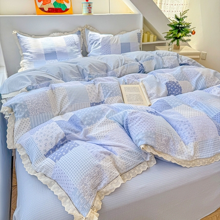 91家纺网 家纺一手货源 找家纺 （总）艾特你 2025新款云感双层纱镂空花边四件套学生宿舍三件套木棉1