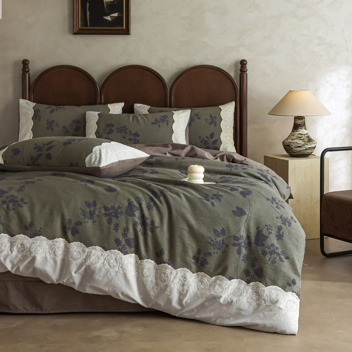 91家纺网 家纺一手货源 找家纺 迷尚家居 2025新款复古色织仿棉麻全棉花边四件套 颂青时-棉麻