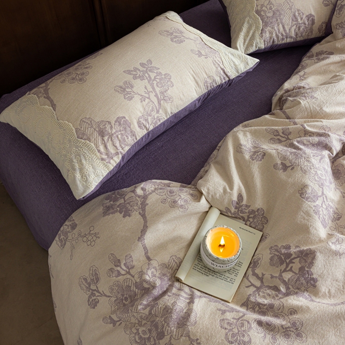 91家纺网 家纺一手货源 找家纺 迷尚家居 2025新款复古色织仿棉麻全棉花边四件套 砚秋紫-棉麻