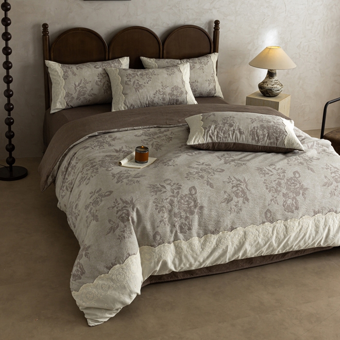 91家纺网 家纺一手货源 找家纺 迷尚家居 2025新款复古色织仿棉麻全棉花边四件套 风木槿咖-棉麻