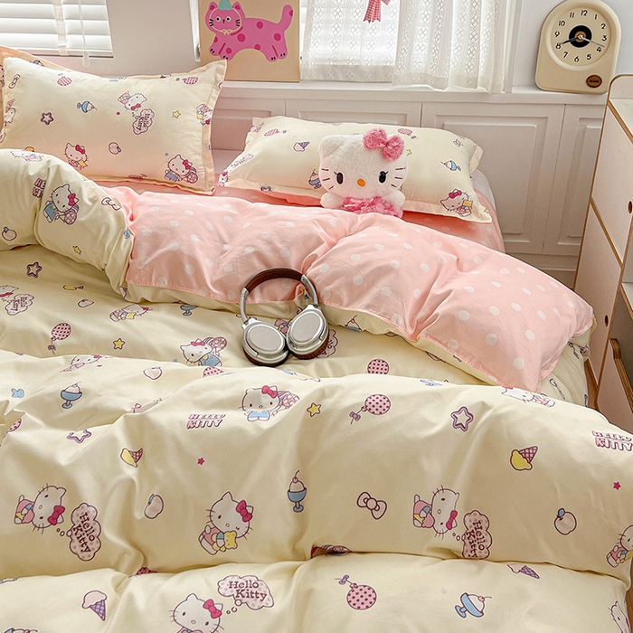 91家纺网 家纺一手货源 找家纺 布可家纺 2025新款水洗磨毛印花四件套 甜筒KT