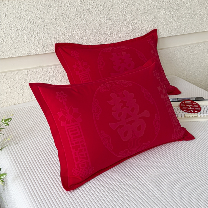 91家纺网 家纺一手货源 找家纺 悦然毛巾被 2025新款婚庆大红三层全棉纱布枕套 永结同心