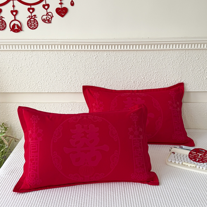 91家纺网 家纺一手货源 找家纺 悦然毛巾被 2025新款婚庆大红三层全棉纱布枕套 永结同心