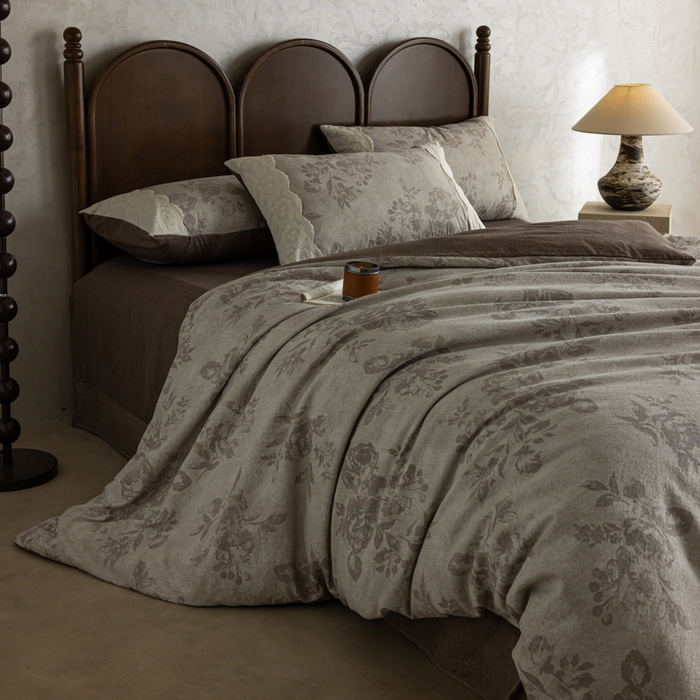 91家纺网 家纺一手货源 找家纺 迷尚家居 2025新款复古色织仿棉麻全棉花边四件套 风木槿咖-棉麻