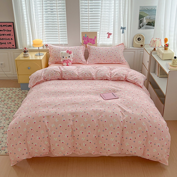 91家纺网 家纺一手货源 找家纺 布可家纺 2025新款水洗磨毛印花四件套 粉粉KT