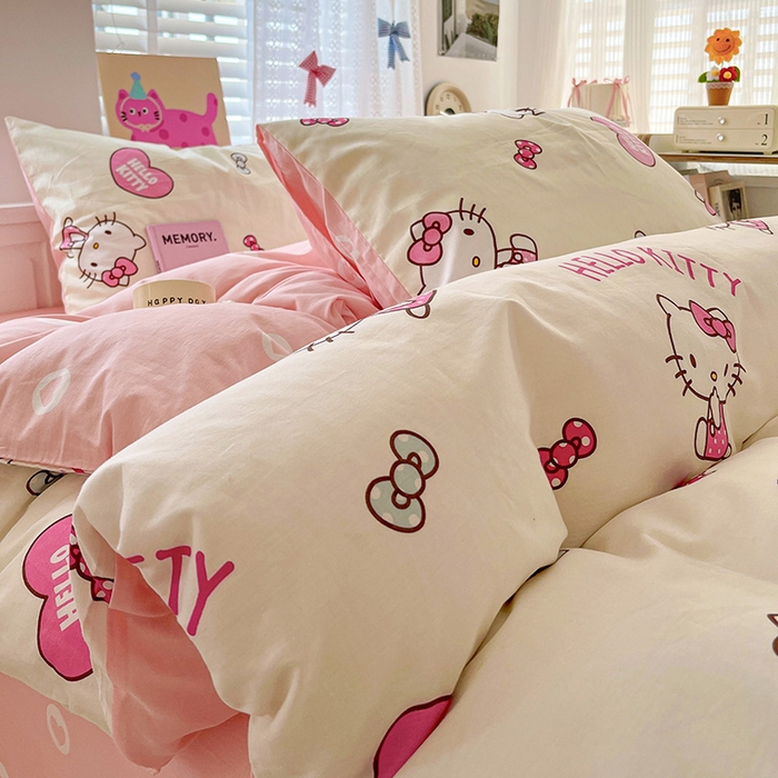 91家纺网 家纺一手货源 找家纺 布可家纺 2025新款水洗磨毛印花四件套 蝴蝶结KT