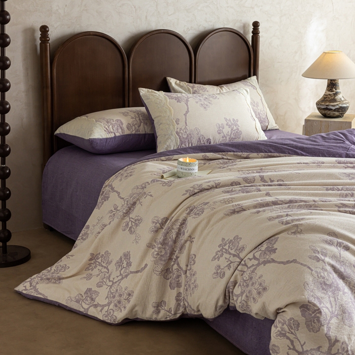 91家纺网 家纺一手货源 找家纺 迷尚家居 2025新款复古色织仿棉麻全棉花边四件套 砚秋紫-棉麻