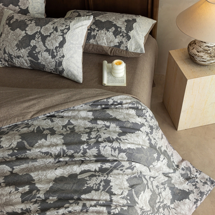 91家纺网 家纺一手货源 找家纺 迷尚家居 2025新款复古色织仿棉麻全棉花边四件套 玉环-棉麻