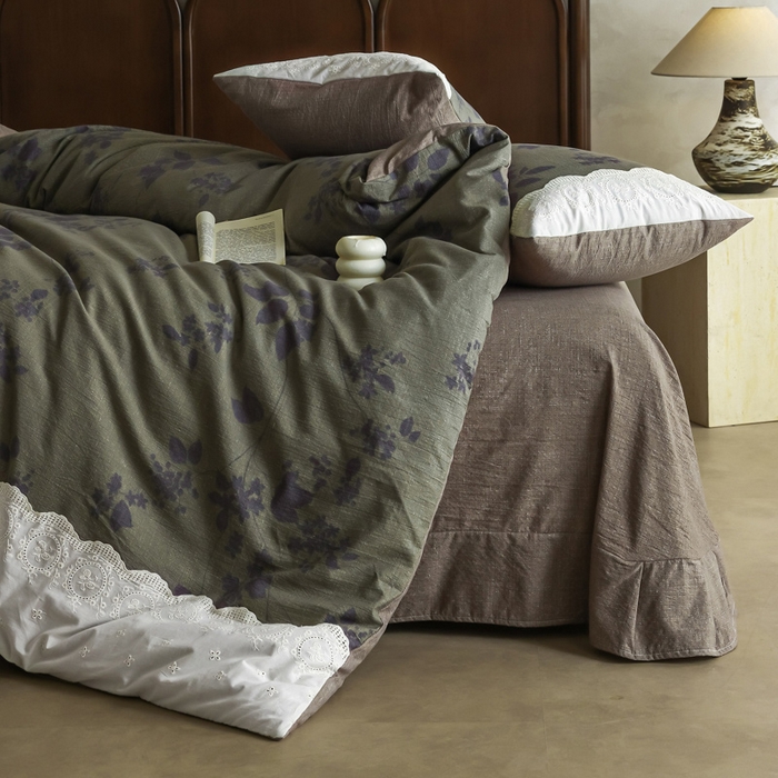 91家纺网 家纺一手货源 找家纺 迷尚家居 2025新款复古色织仿棉麻全棉花边四件套 颂青时-棉麻