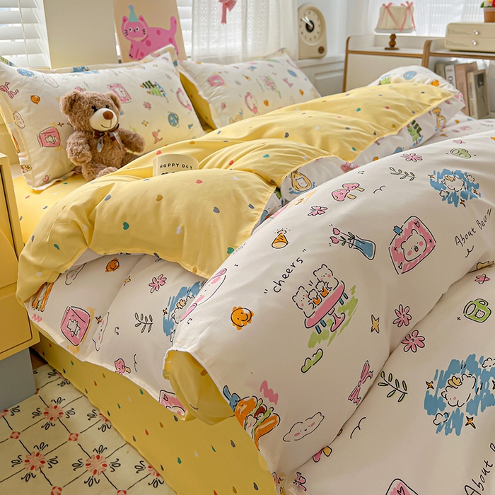 91家纺网 家纺一手货源 找家纺 布可家纺 2025新款水洗磨毛印花四件套 开心生活