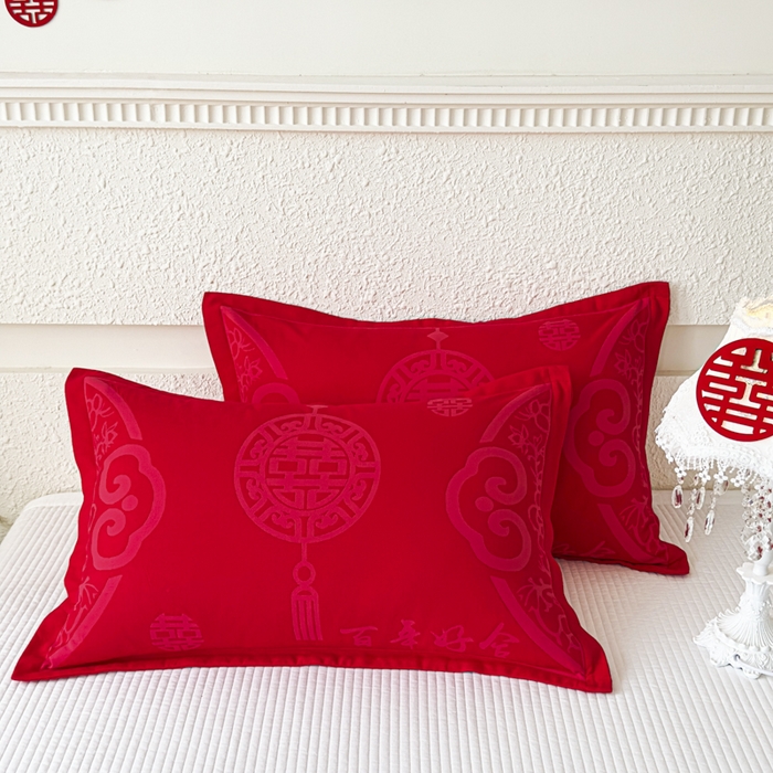 91家纺网 家纺一手货源 找家纺 悦然毛巾被 2025新款婚庆大红三层全棉纱布枕套 百年好合