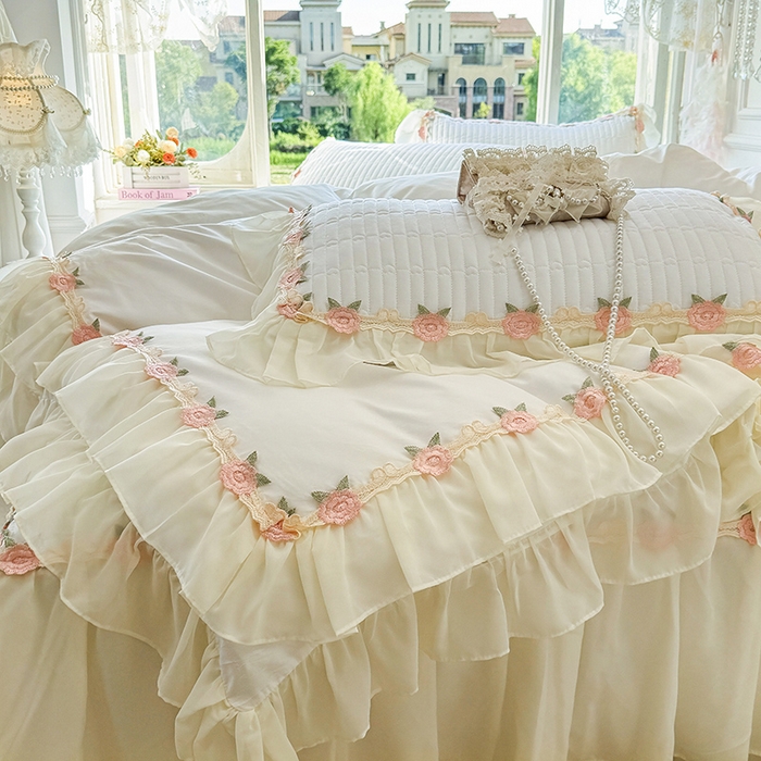 91家纺网 家纺一手货源 找家纺 （总）虹星家纺 2025新款玫瑰花语全棉纯棉床裙款四件套