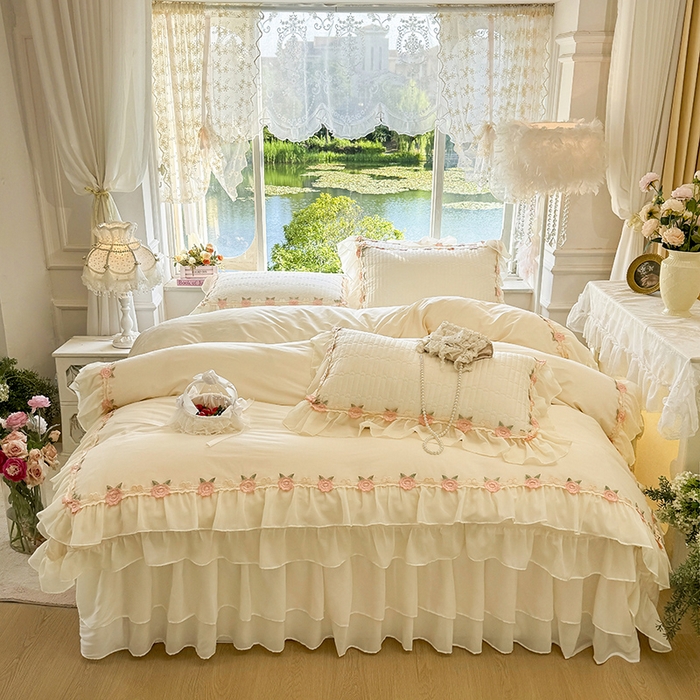 91家纺网 家纺一手货源 找家纺 （总）虹星家纺 2025新款玫瑰花语全棉纯棉床裙款四件套