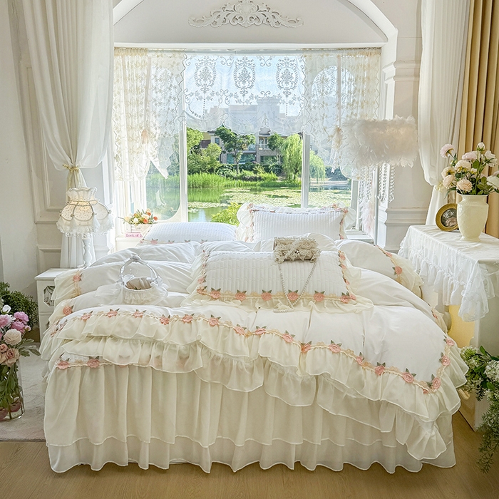 91家纺网 家纺一手货源 找家纺 （总）虹星家纺 2025新款玫瑰花语全棉纯棉床裙款四件套