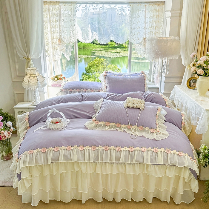 91家纺网 家纺一手货源 找家纺 虹星家纺 2025新款玫瑰花语全棉纯棉床裙款四件套 玫瑰花语-紫罗兰