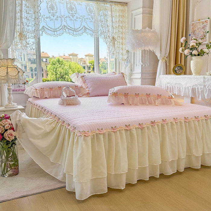 91家纺网 家纺一手货源 找家纺 虹星家纺 2025新款玫瑰花语全棉纯棉床裙款四件套 玫瑰花语-樱花粉