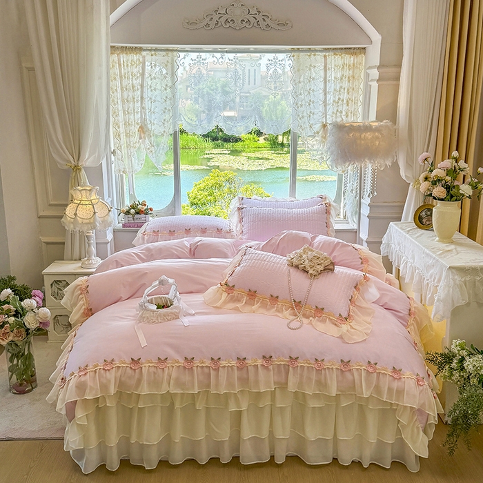 虹星家纺 2025新款玫瑰花语全棉纯棉床裙款四件套 玫瑰花语-樱花粉