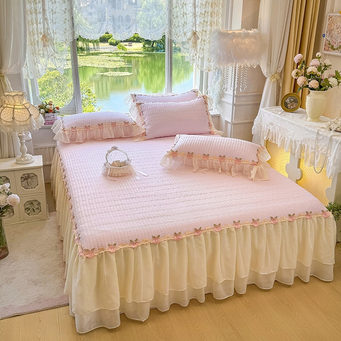 91家纺网 家纺一手货源 找家纺 虹星家纺 2025新款玫瑰花语全棉纯棉床裙款四件套 玫瑰花语-樱花粉