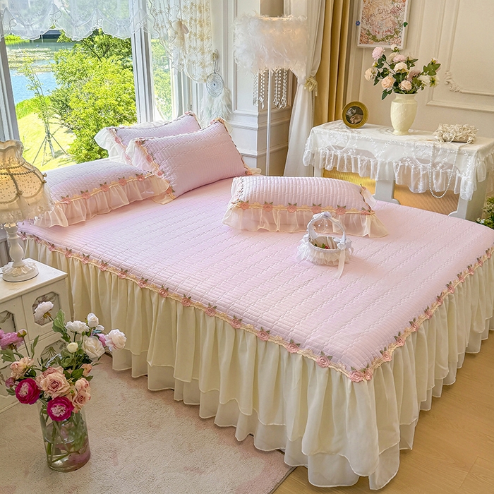 91家纺网 家纺一手货源 找家纺 虹星家纺 2025新款玫瑰花语全棉纯棉床裙款四件套 玫瑰花语-樱花粉